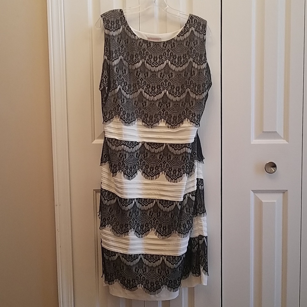 White Matte Jersey Dress w/ Black Lace Detail.